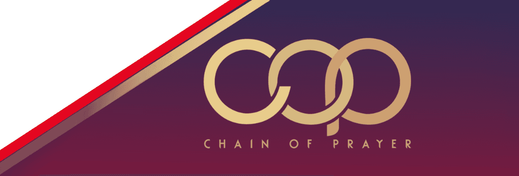 Chain of Prayer — three interlocking gold rings over a deep burgundy and violet banner