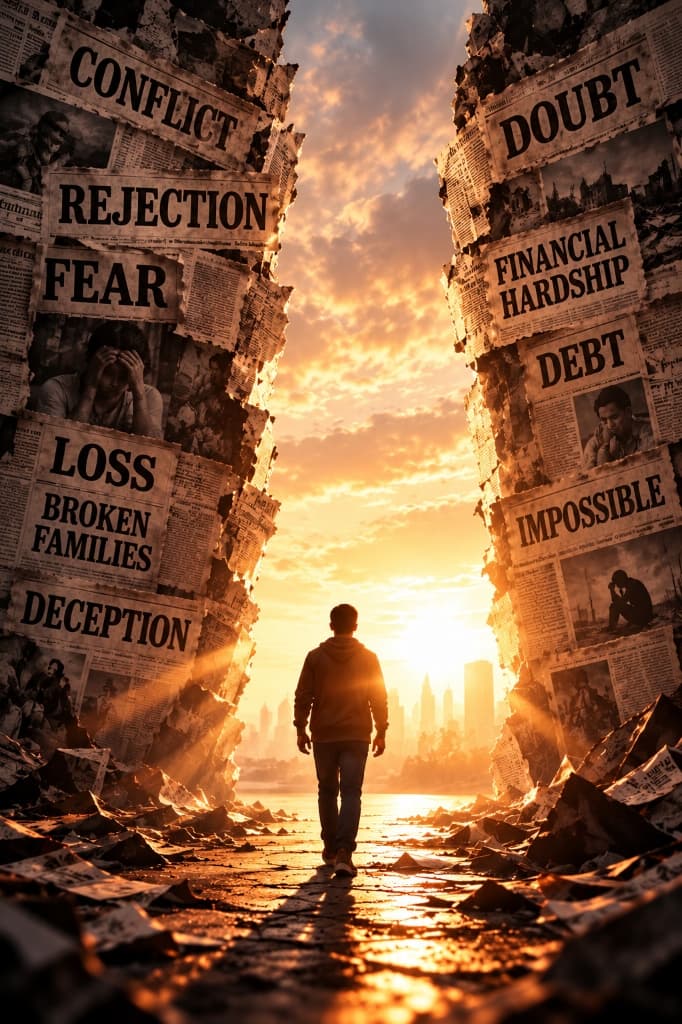 A person walking toward a bright sunrise between two crumbling walls covered in negative headlines like Conflict, Rejection, Fear, Doubt, Debt, and Impossible