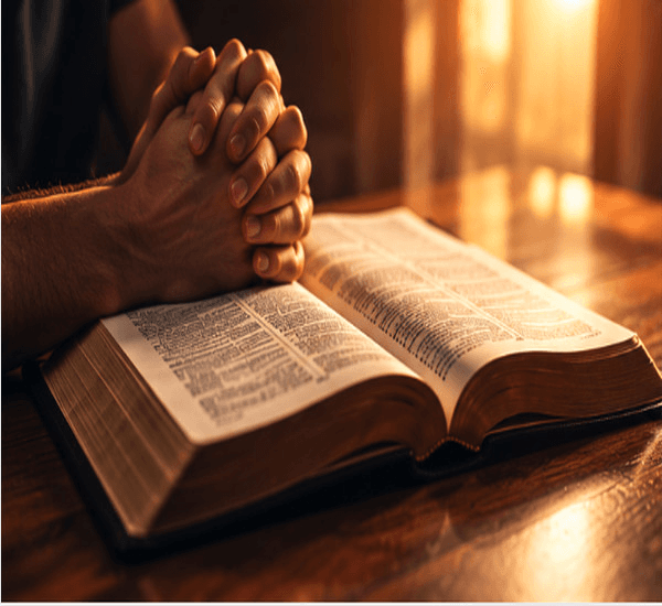 Hands clasped in prayer resting upon an open Bible in warm sunlight