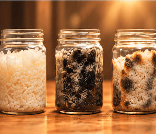 Three glass jars containing rice: the first jar is clean and fermented, the middle jar has turned black, and the third jar shows mould and decay