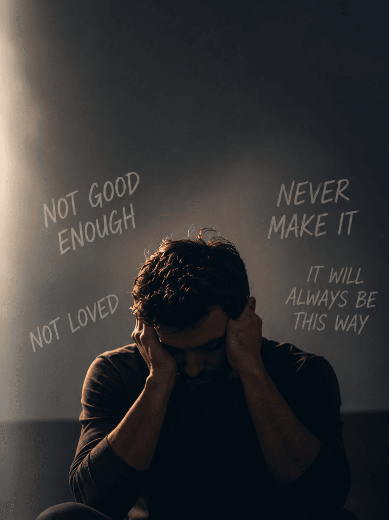 A man sitting with his head in his hands surrounded by the phrases 'Not good enough', 'Never make it', 'Not loved', and 'It will always be this way'